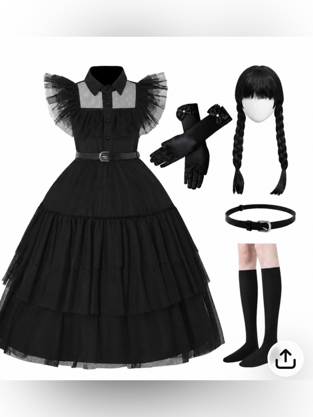 Gothic Costume GIRLS Size 10-12 Dress Wig Socks Belt Gloves Halloween Wednesday